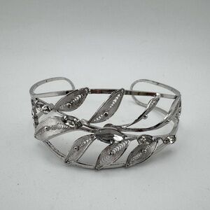 Floral‎ Silver Leaf Cuff Sterling Bracelet Estate